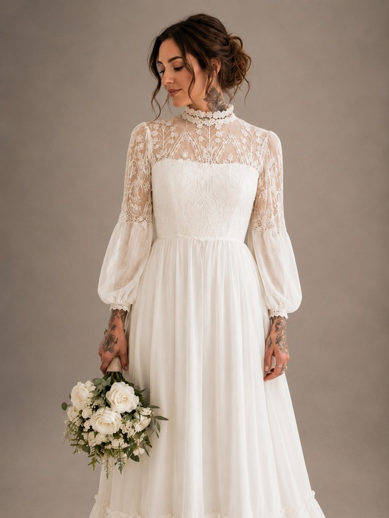 Dresses & Skirts - Vintage| Elegant White Lace High-Neck Wedding Dress